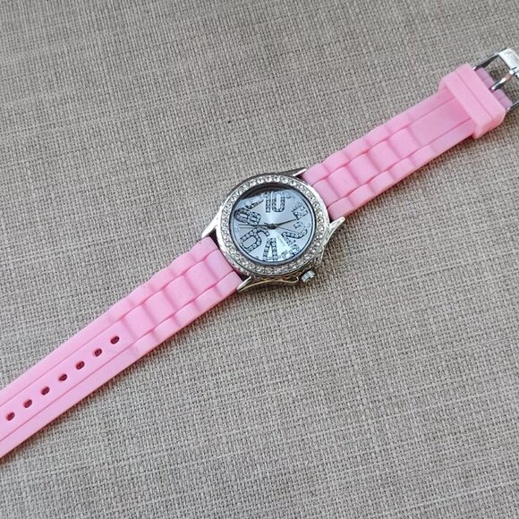 Women Wristwatch Pink Rubber Strap Silver Tone Case Crystal Accent Bezel Watch - Picture 6 of 11